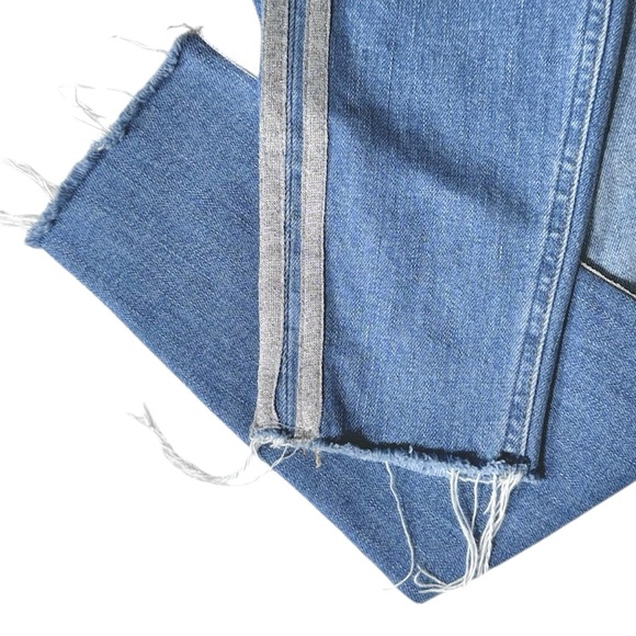 Anthropologie Shimmer Metallic Silver Racer Side Stripe Fringe Hem Cropped Jeans - Picture 4 of 15